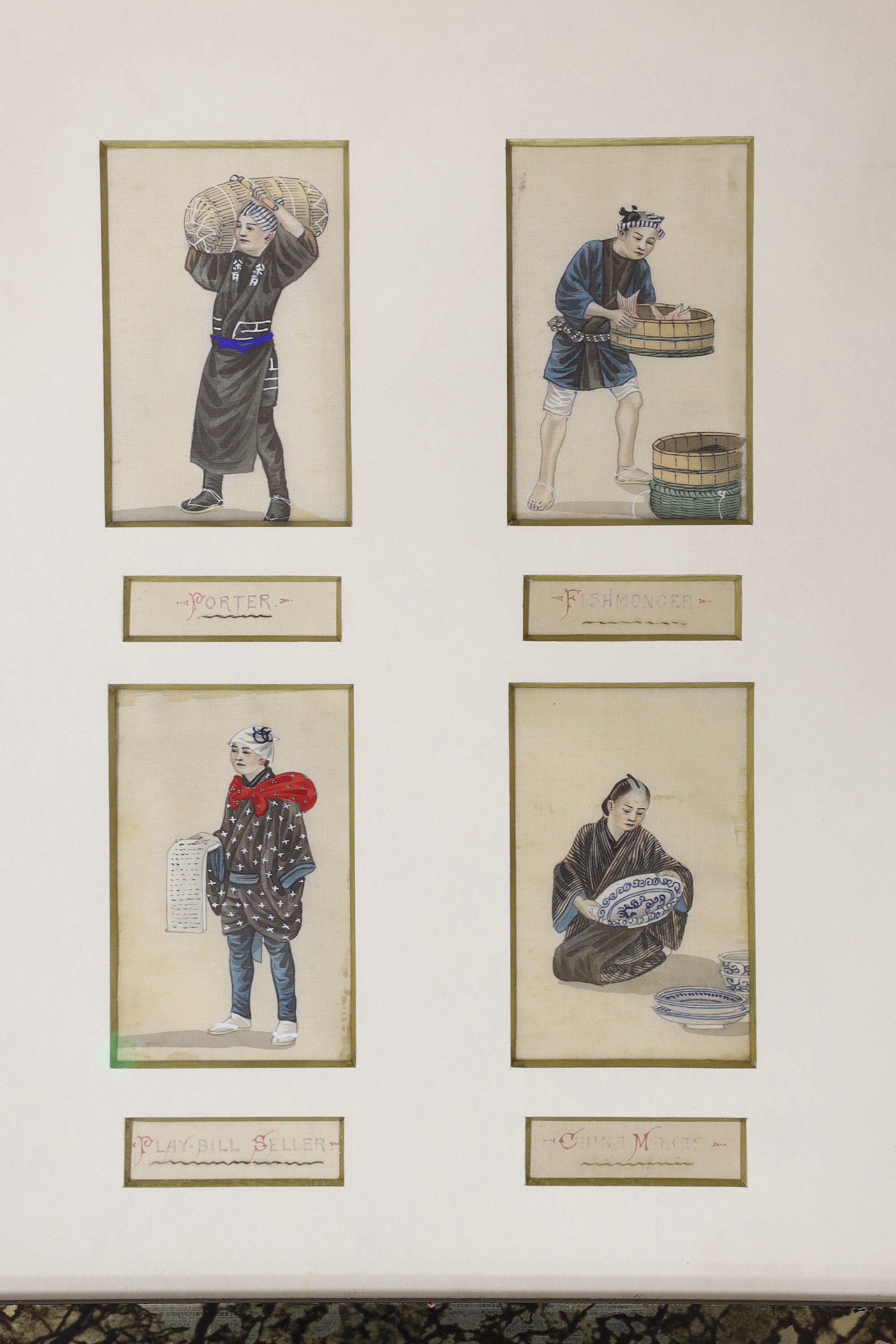 19th century Chinese School, ten gouaches on fabric, Street sellers, each with English titles, 8.5 x 5cm, framed as one